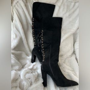 Ladies above the knee boot with ribbon lace up back